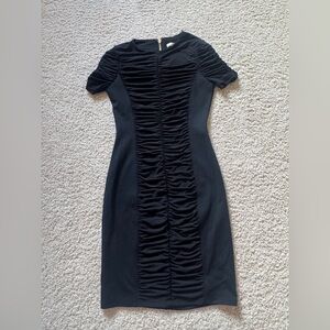 Michael Kors XS Black Ruched Midi Dress with gold zipper